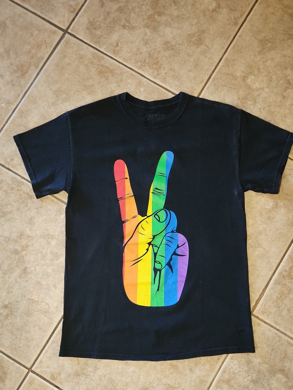 Spencer's Black Tee with Rainbow Peace Hand Graphic